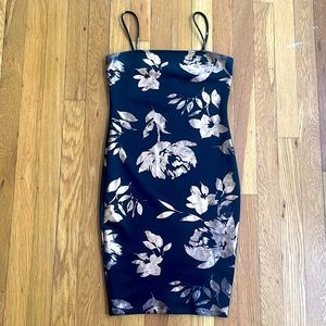 Copper and black floral body con spaghetti strap mini dress